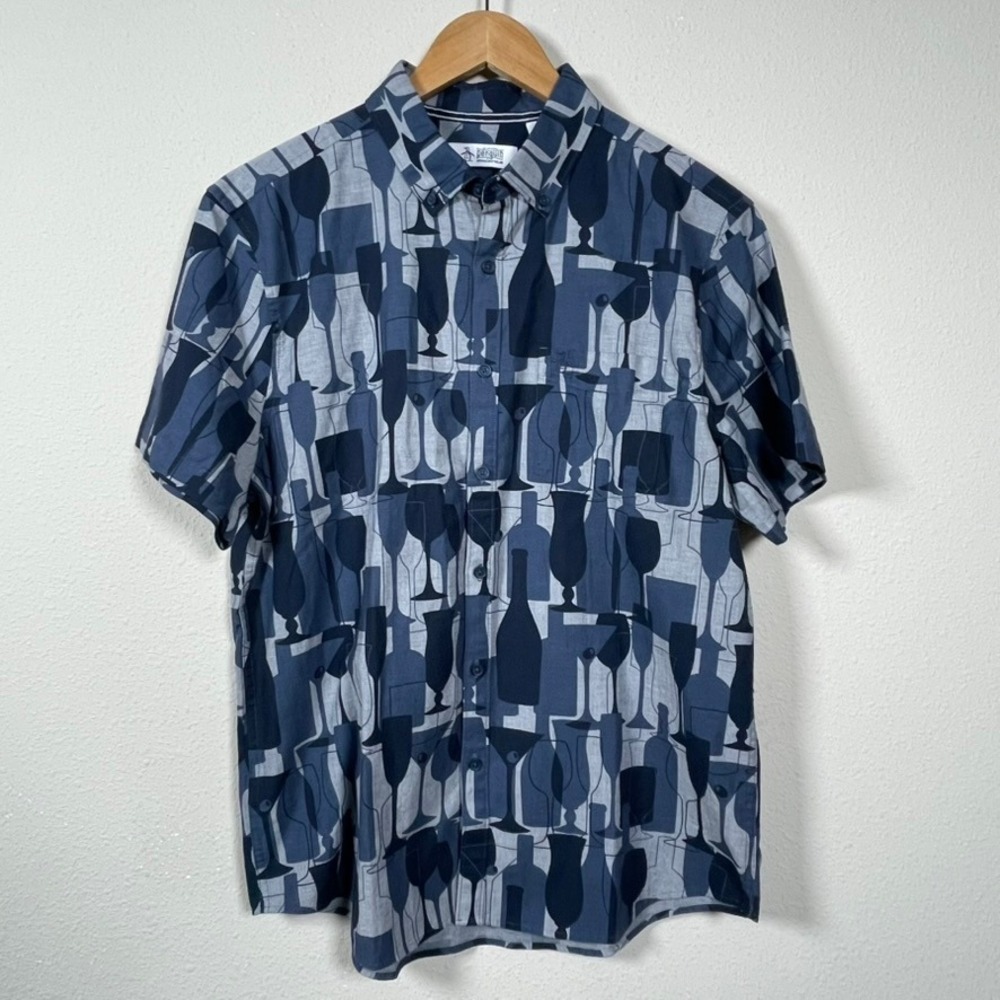 Original Penguin Shirt Mens L Blue Cocktail Print Short Sleeve Button Up Party